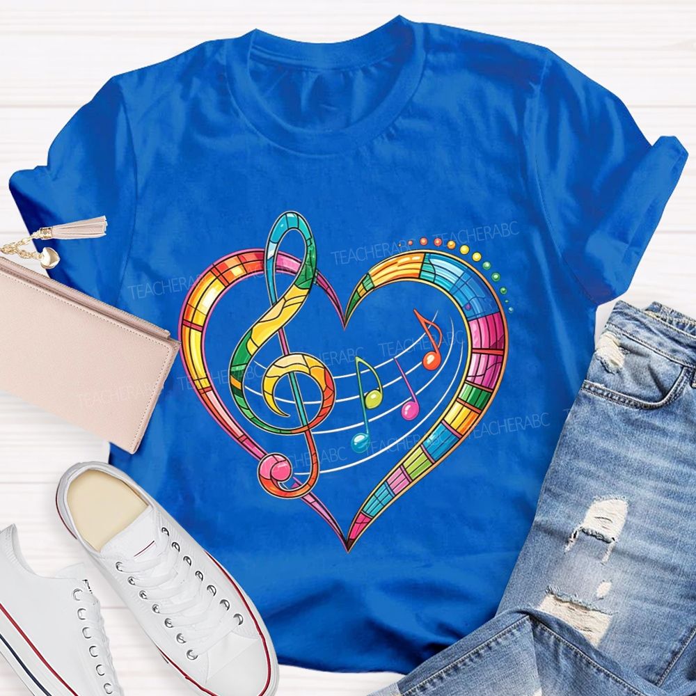 Rainbow Stained Glass Music Heart Treble Clef Teacher T-shirt