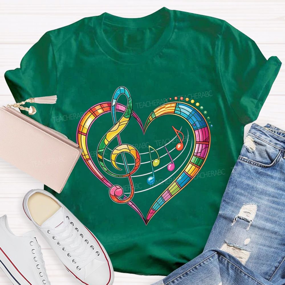 Rainbow Stained Glass Music Heart Treble Clef Teacher T-shirt