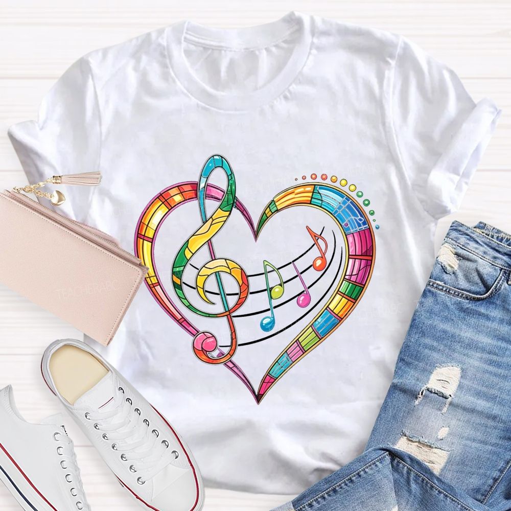 Rainbow Stained Glass Music Heart Treble Clef Teacher T-shirt