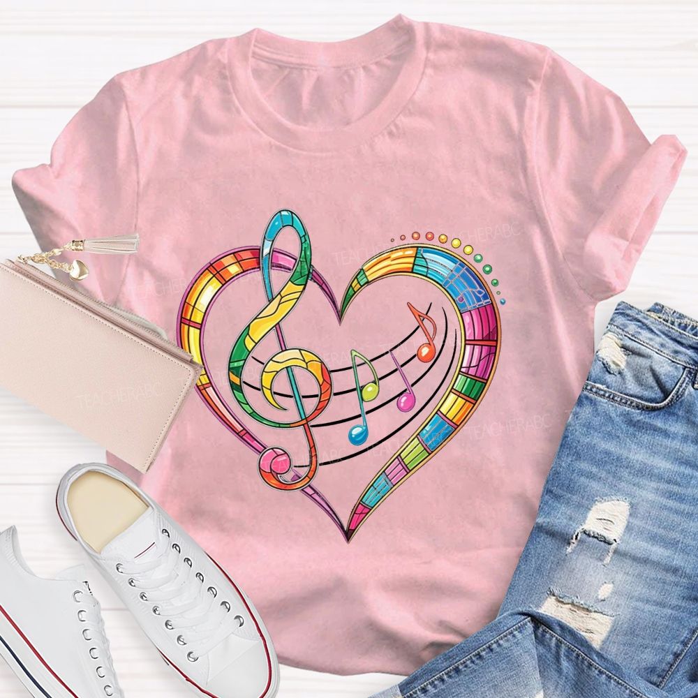 Rainbow Stained Glass Music Heart Treble Clef Teacher T-shirt