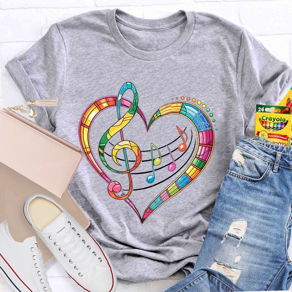 Rainbow Stained Glass Music Heart Treble Clef Teacher T-shirt