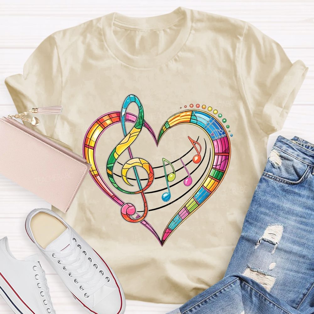 Rainbow Stained Glass Music Heart Treble Clef Teacher T-shirt