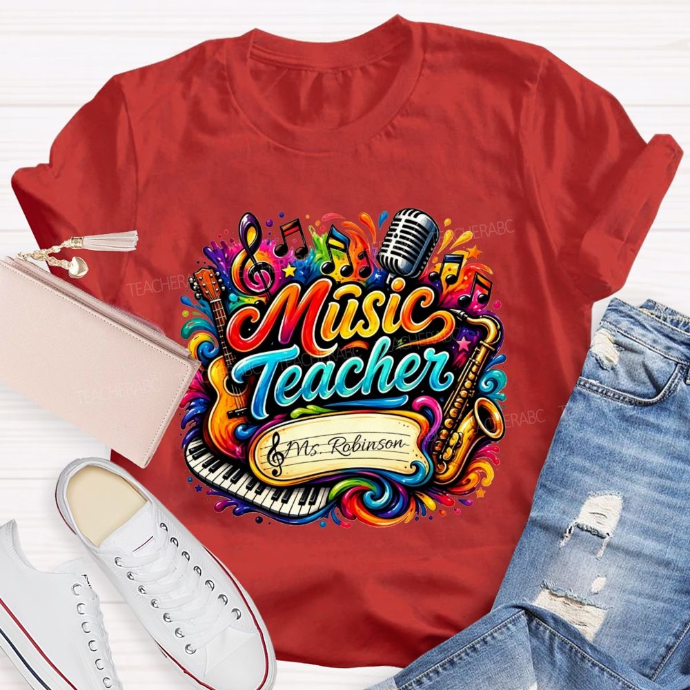 Personalized Name Music Teacher Rainbow Splash Instrument Teacher T-shirt