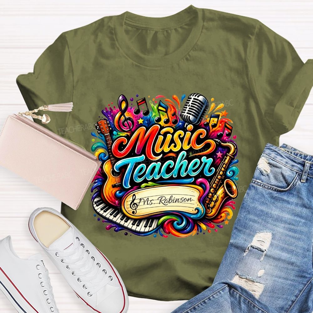 Personalized Name Music Teacher Rainbow Splash Instrument Teacher T-shirt