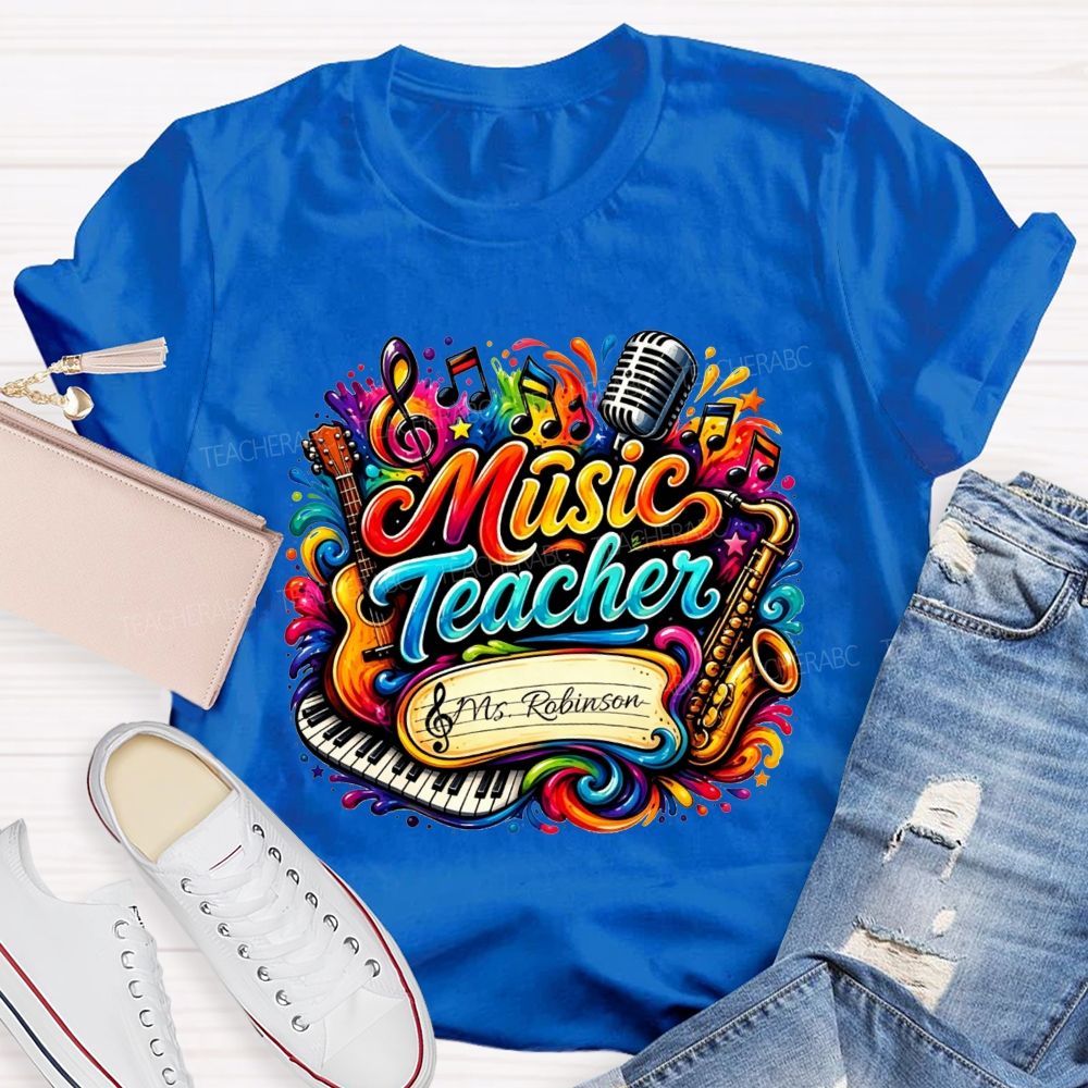 Personalized Name Music Teacher Rainbow Splash Instrument Teacher T-shirt