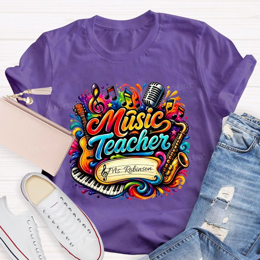 Personalized Name Music Teacher Rainbow Splash Instrument Teacher T-shirt