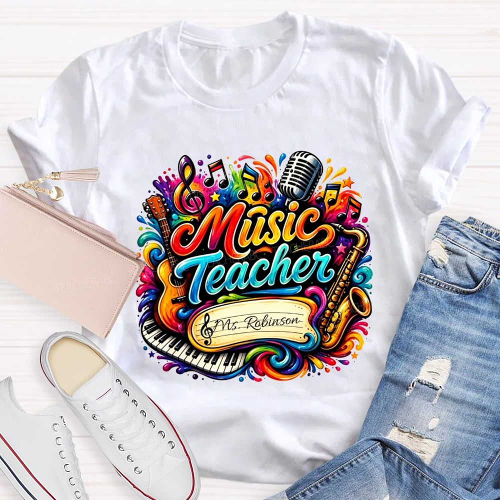 Personalized Name Music Teacher Rainbow Splash Instrument Teacher T-shirt
