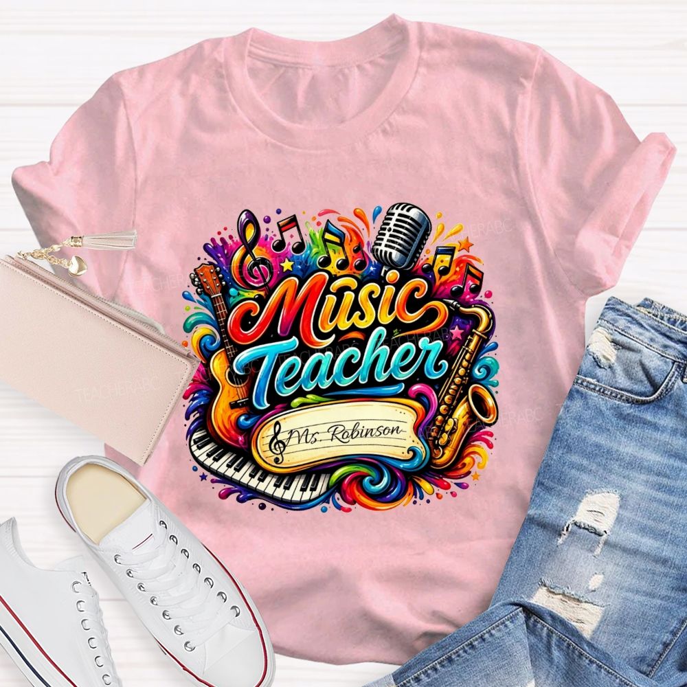 Personalized Name Music Teacher Rainbow Splash Instrument Teacher T-shirt