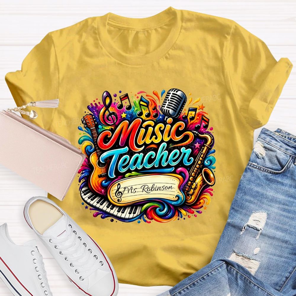 Personalized Name Music Teacher Rainbow Splash Instrument Teacher T-shirt