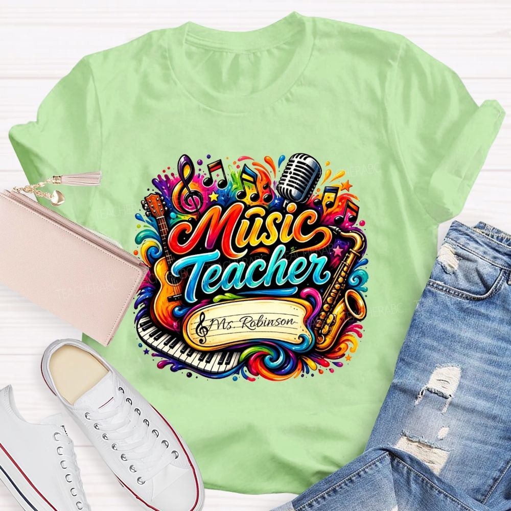 Personalized Name Music Teacher Rainbow Splash Instrument Teacher T-shirt