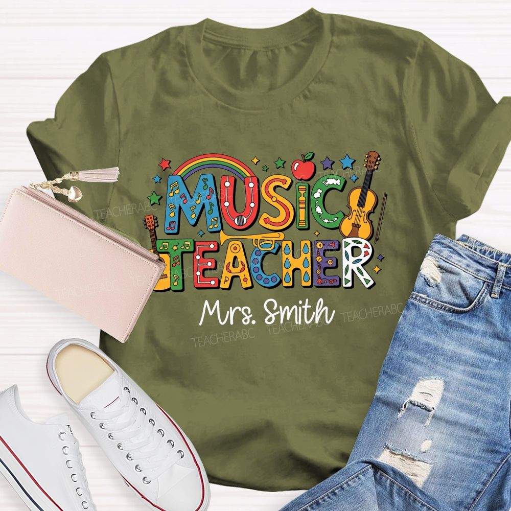 Personalized Name Music Teacher Rainbow Instrument Letter Graphic Teacher T-shirt