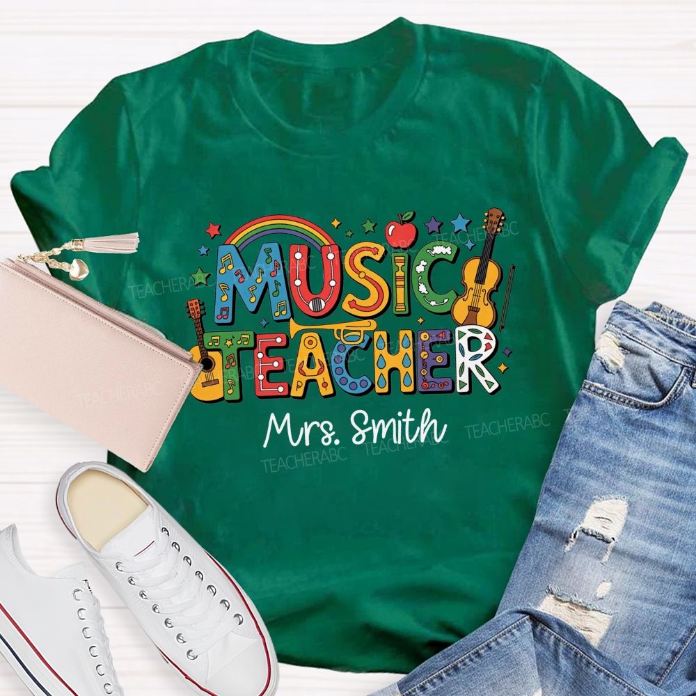 Personalized Name Music Teacher Rainbow Instrument Letter Graphic Teacher T-shirt