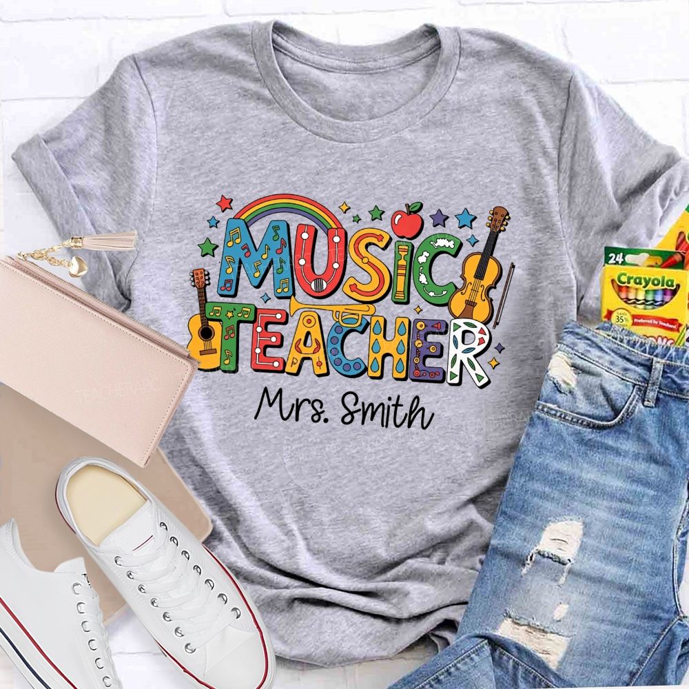 Personalized Name Music Teacher Rainbow Instrument Letter Graphic Teacher T-shirt