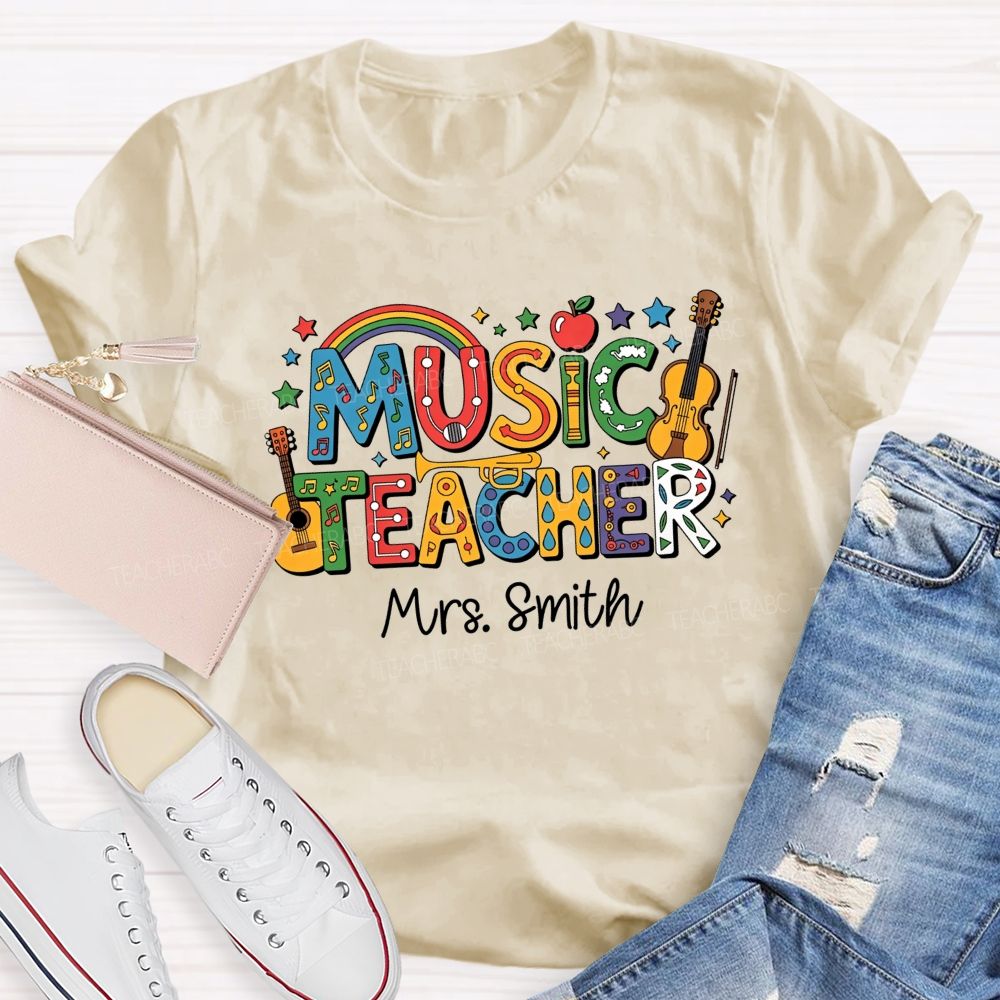 Personalized Name Music Teacher Rainbow Instrument Letter Graphic Teacher T-shirt