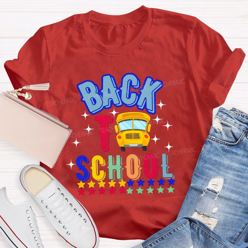 Back To School And School Bus Rainbow Star Teacher T-shirt