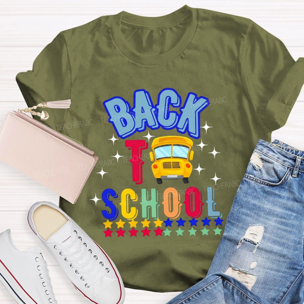 Back To School And School Bus Rainbow Star Teacher T-shirt