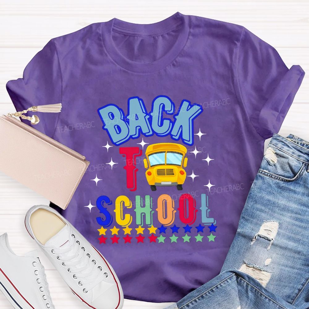 Back To School And School Bus Rainbow Star Teacher T-shirt