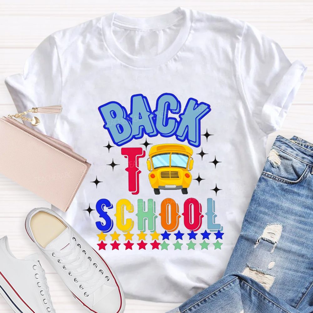 Back To School And School Bus Rainbow Star Teacher T-shirt