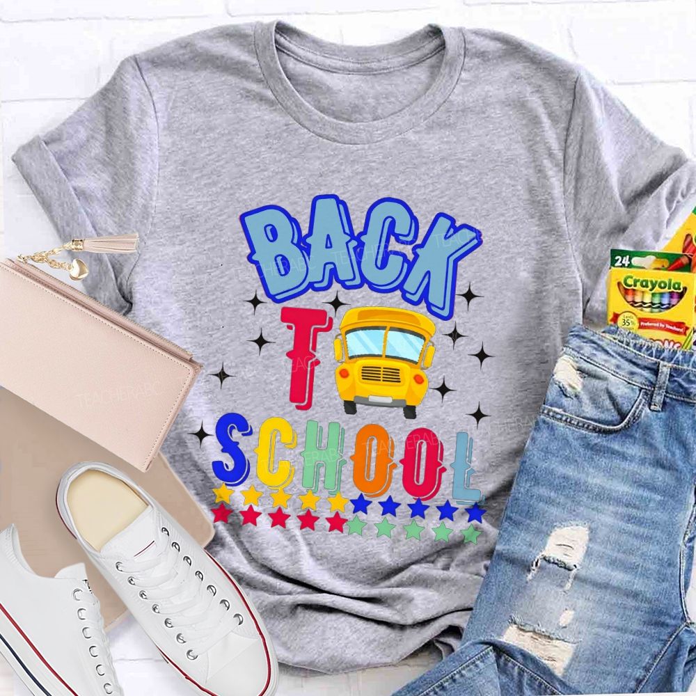 Back To School And School Bus Rainbow Star Teacher T-shirt