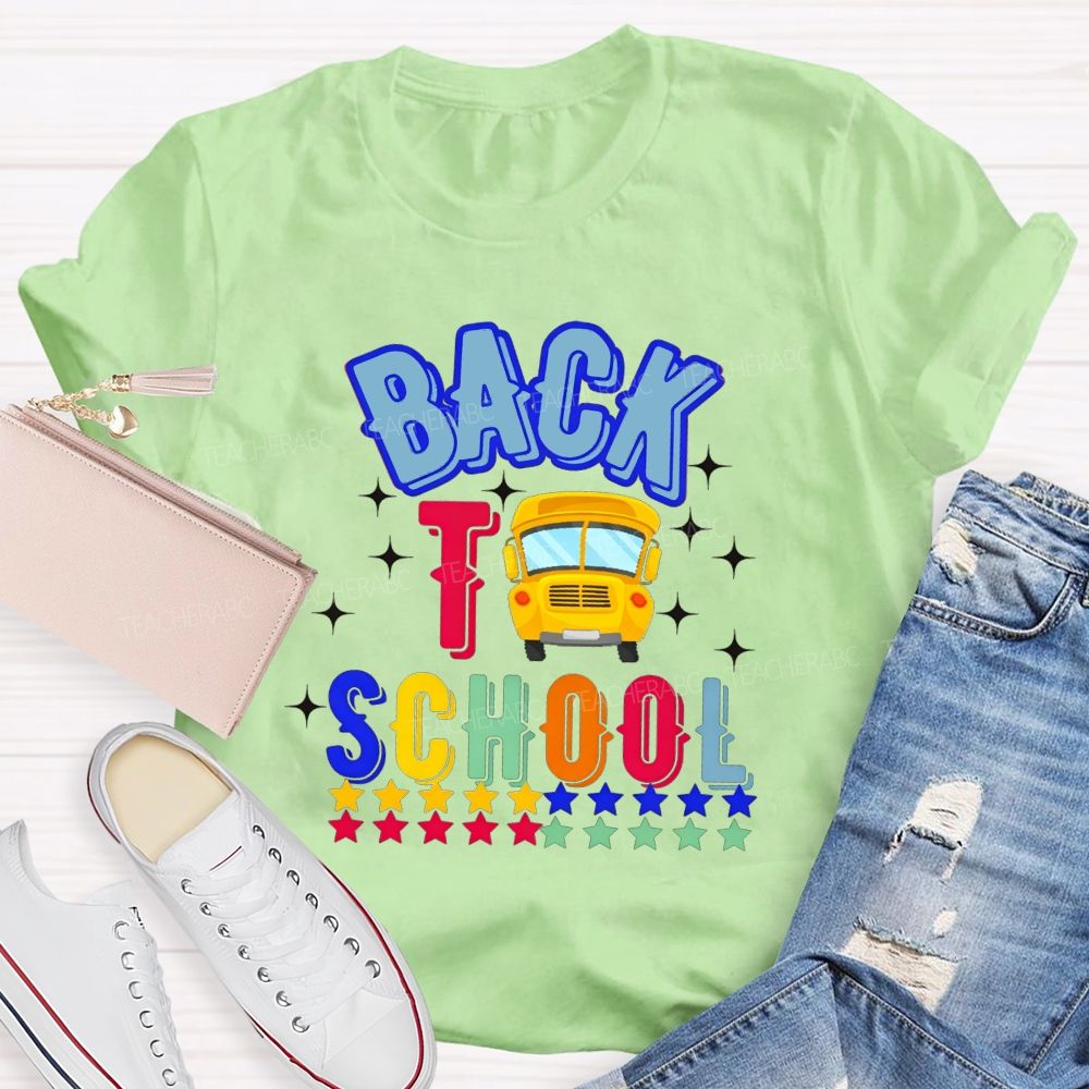 Back To School And School Bus Rainbow Star Teacher T-shirt