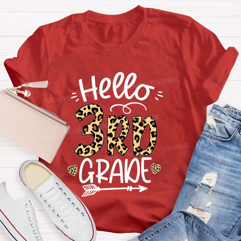 Personalized Grade Hello 3rd Grade Leopard Print Heart Arrow Teacher T-shirt