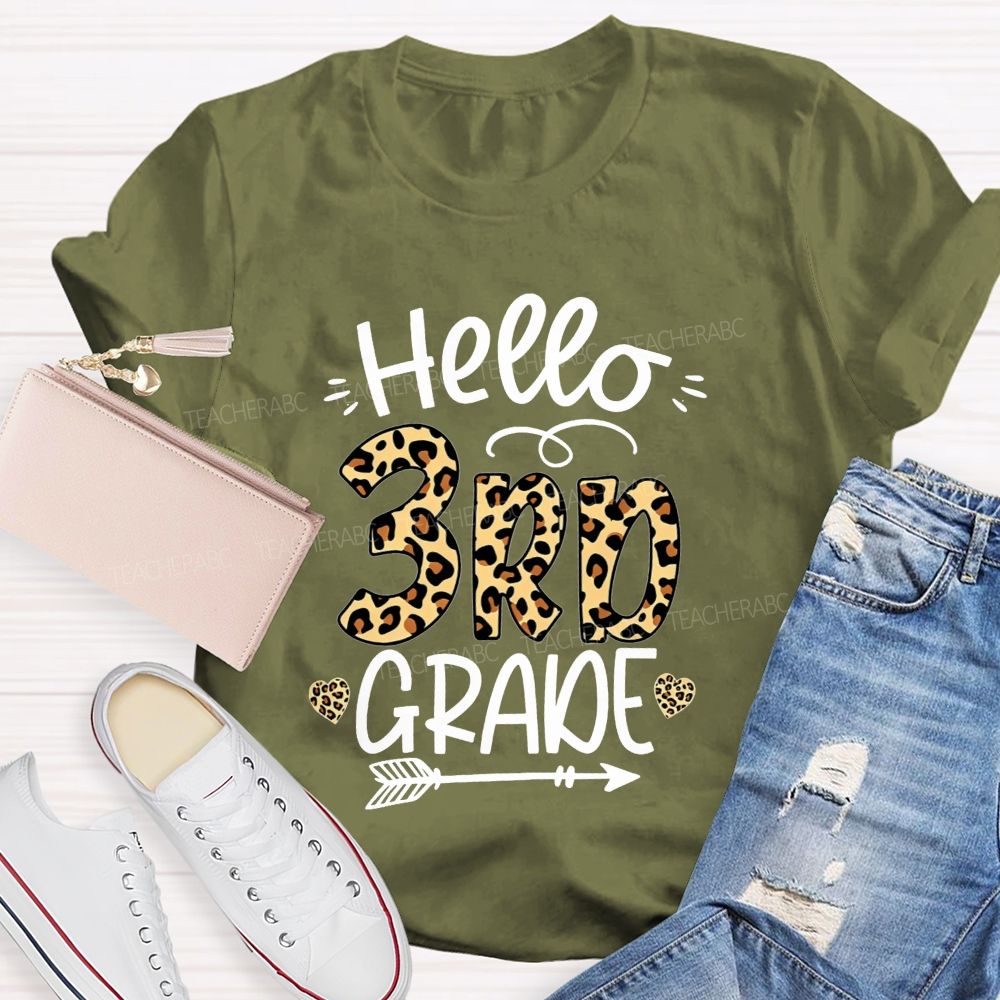 Personalized Grade Hello 3rd Grade Leopard Print Heart Arrow Teacher T-shirt