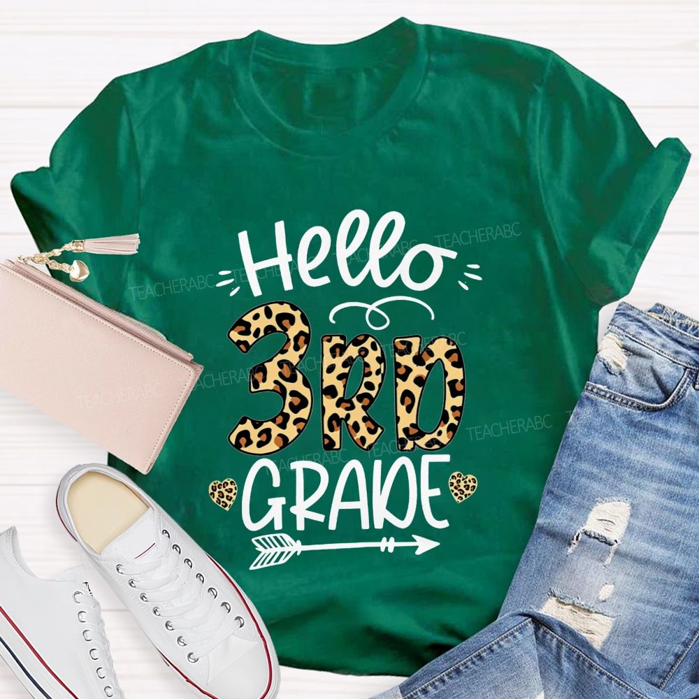 Personalized Grade Hello 3rd Grade Leopard Print Heart Arrow Teacher T-shirt