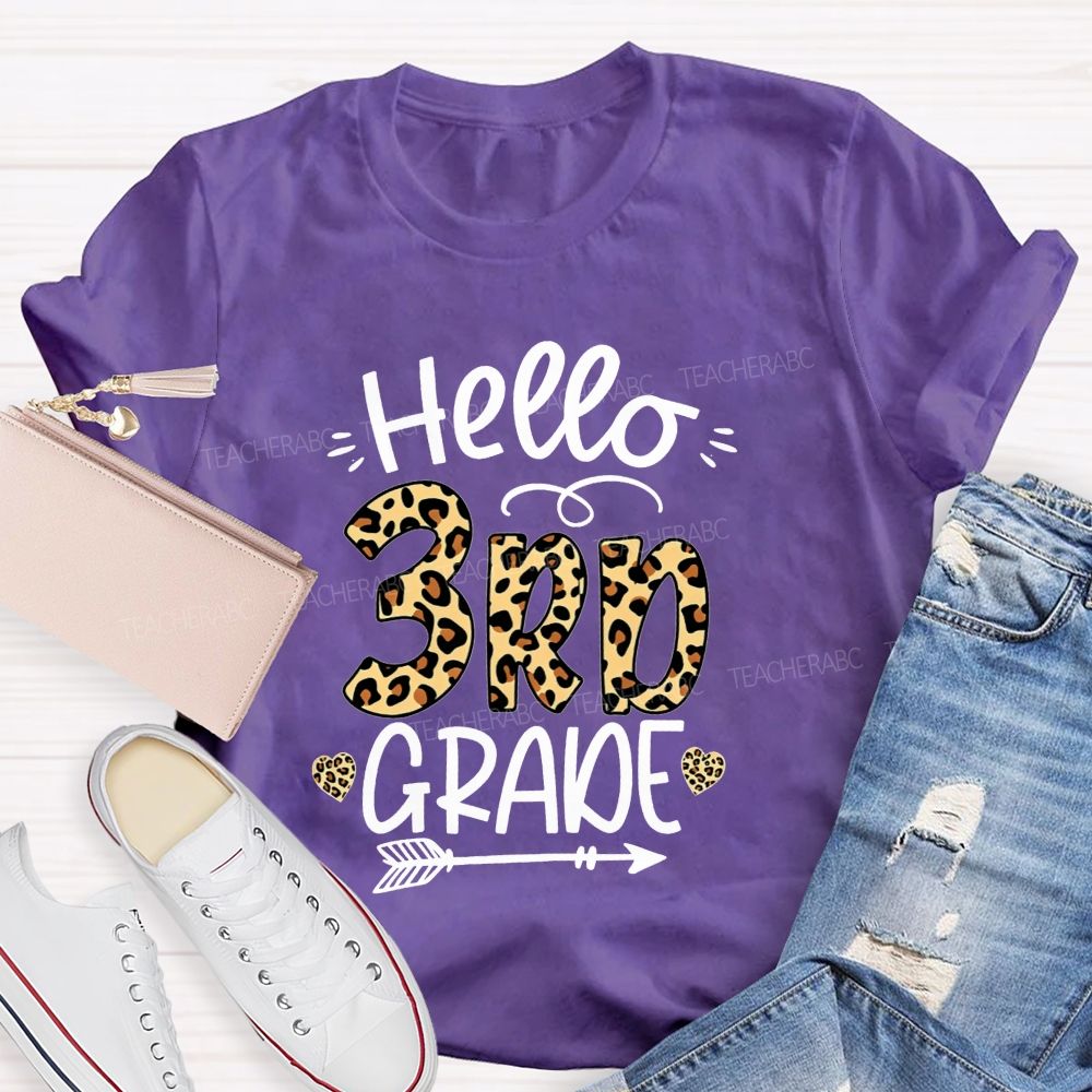 Personalized Grade Hello 3rd Grade Leopard Print Heart Arrow Teacher T-shirt
