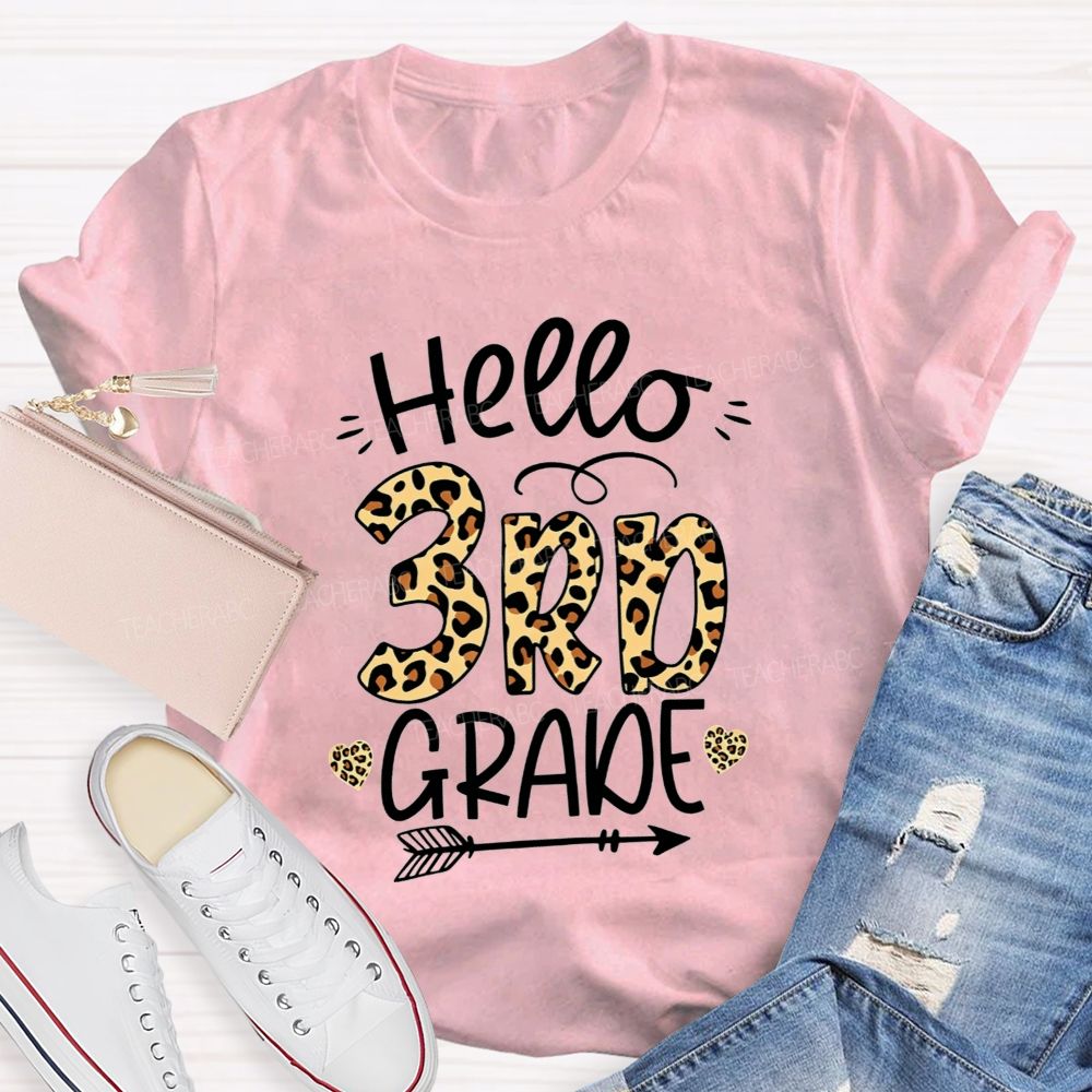 Personalized Grade Hello 3rd Grade Leopard Print Heart Arrow Teacher T-shirt