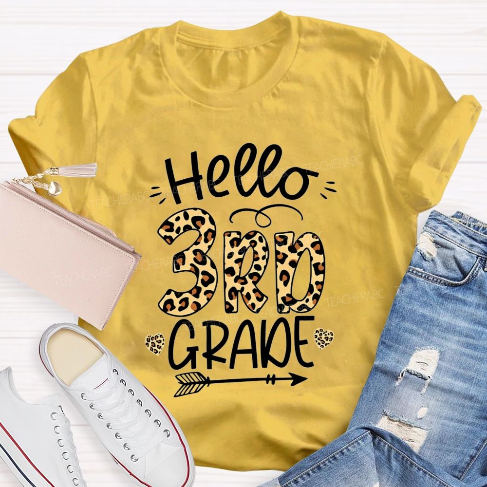 Personalized Grade Hello 3rd Grade Leopard Print Heart Arrow Teacher T-shirt