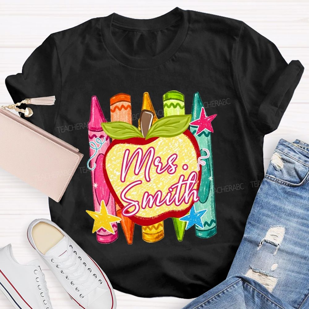 Personalized Name Teacher Apple Crayon Star Graphic Teacher T-shirt
