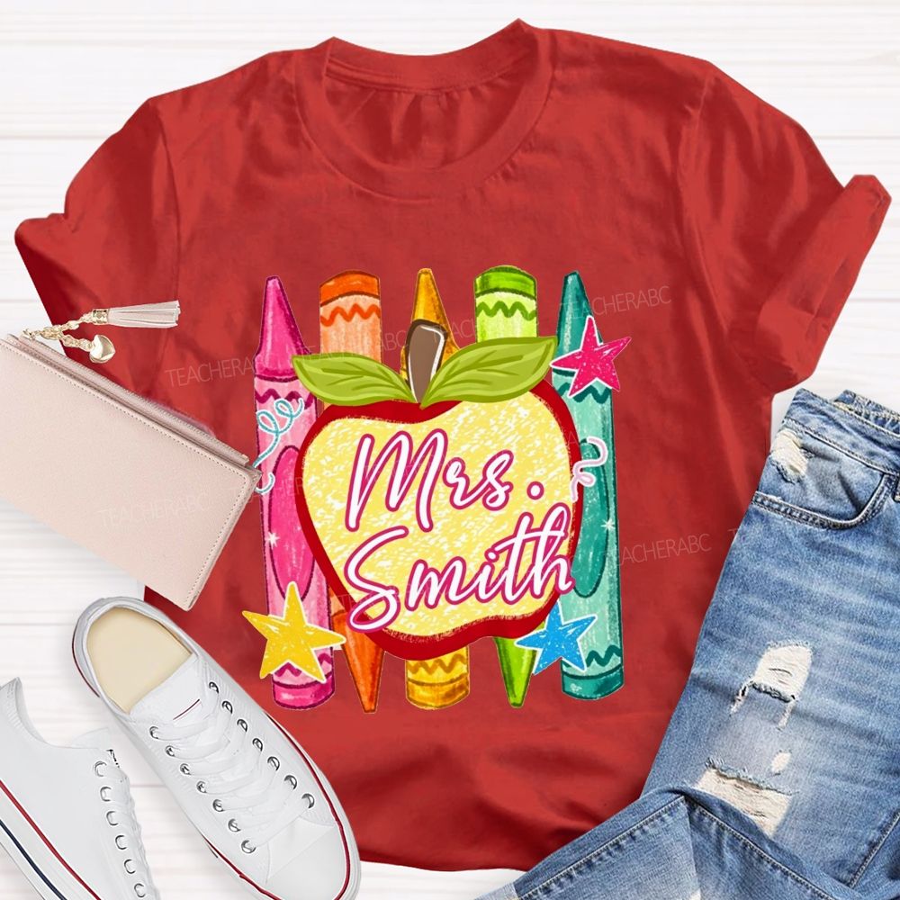 Personalized Name Teacher Apple Crayon Star Graphic Teacher T-shirt