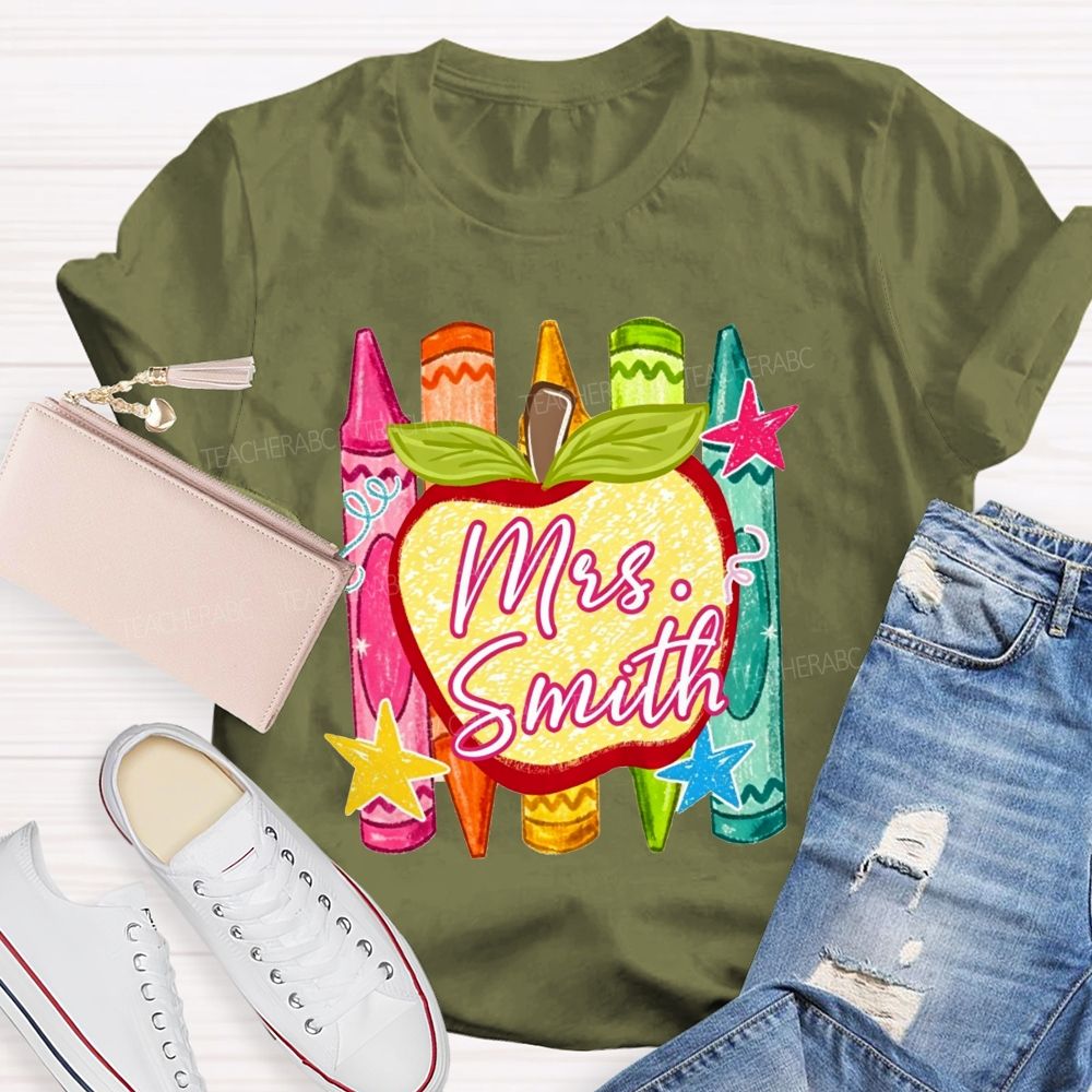 Personalized Name Teacher Apple Crayon Star Graphic Teacher T-shirt