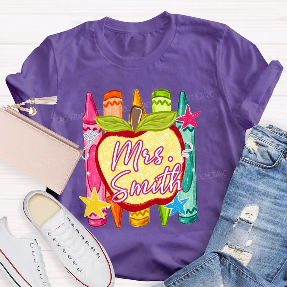 Personalized Name Teacher Apple Crayon Star Graphic Teacher T-shirt