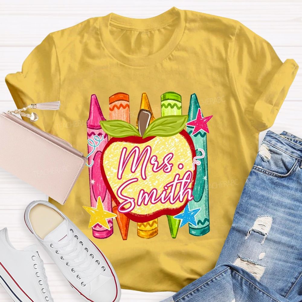 Personalized Name Teacher Apple Crayon Star Graphic Teacher T-shirt
