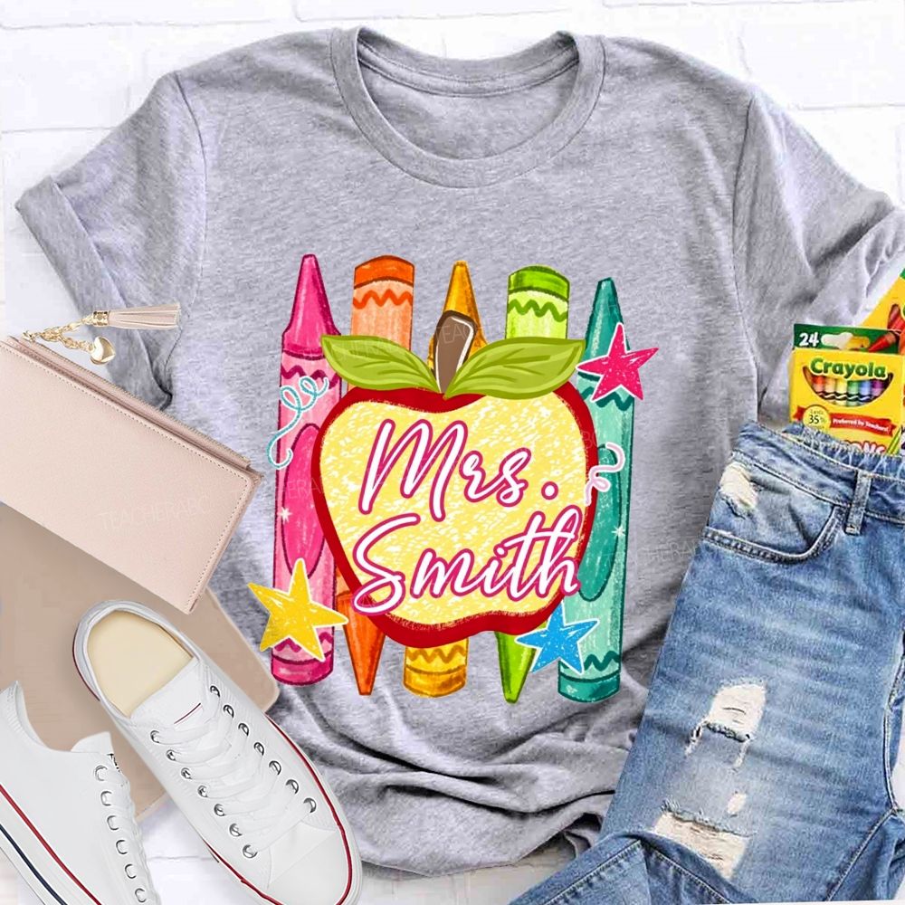 Personalized Name Teacher Apple Crayon Star Graphic Teacher T-shirt