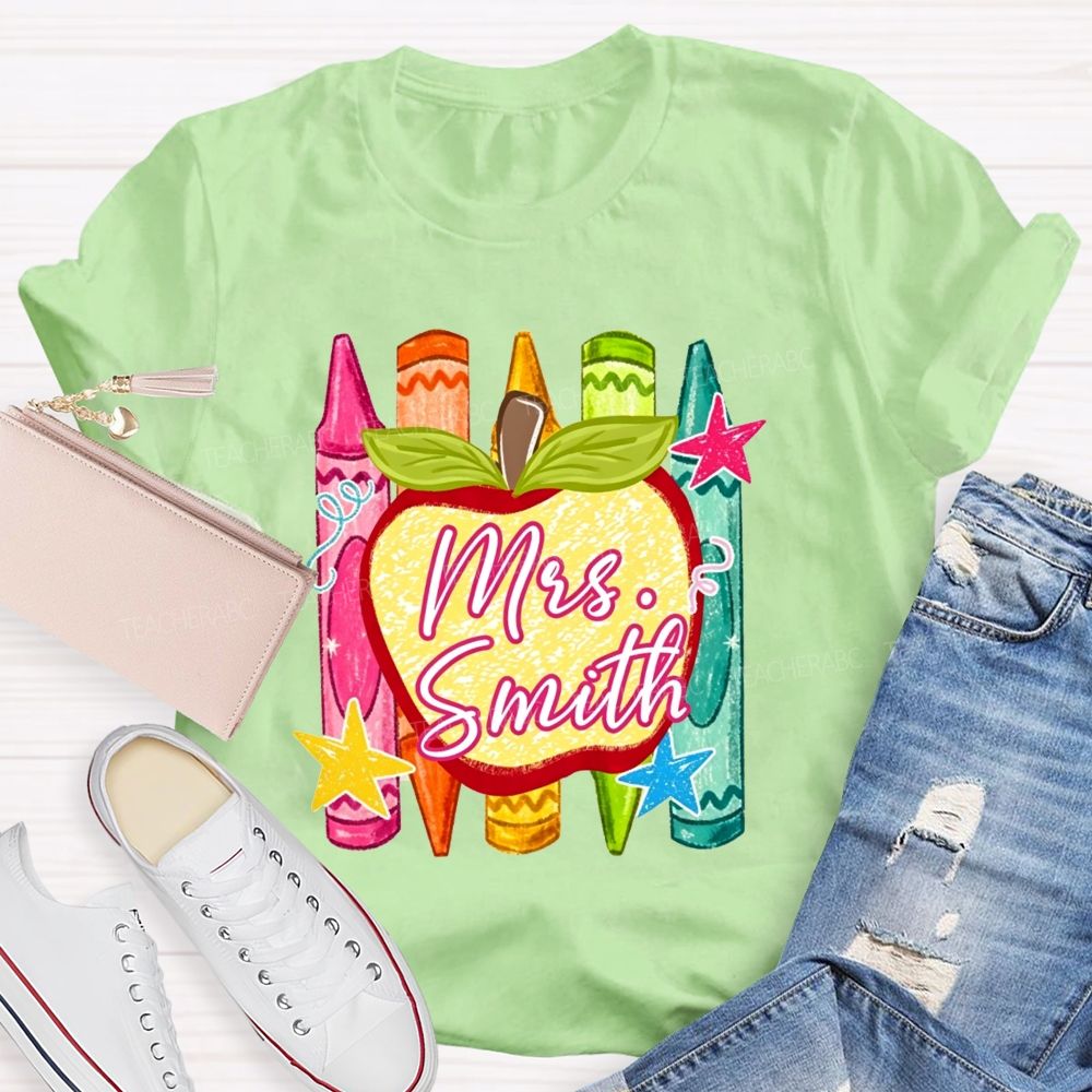 Personalized Name Teacher Apple Crayon Star Graphic Teacher T-shirt