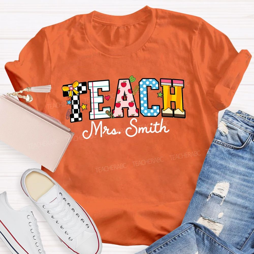 Personalized Name Teach Notebook Apple Pencil Letter Print Teacher T-shirt