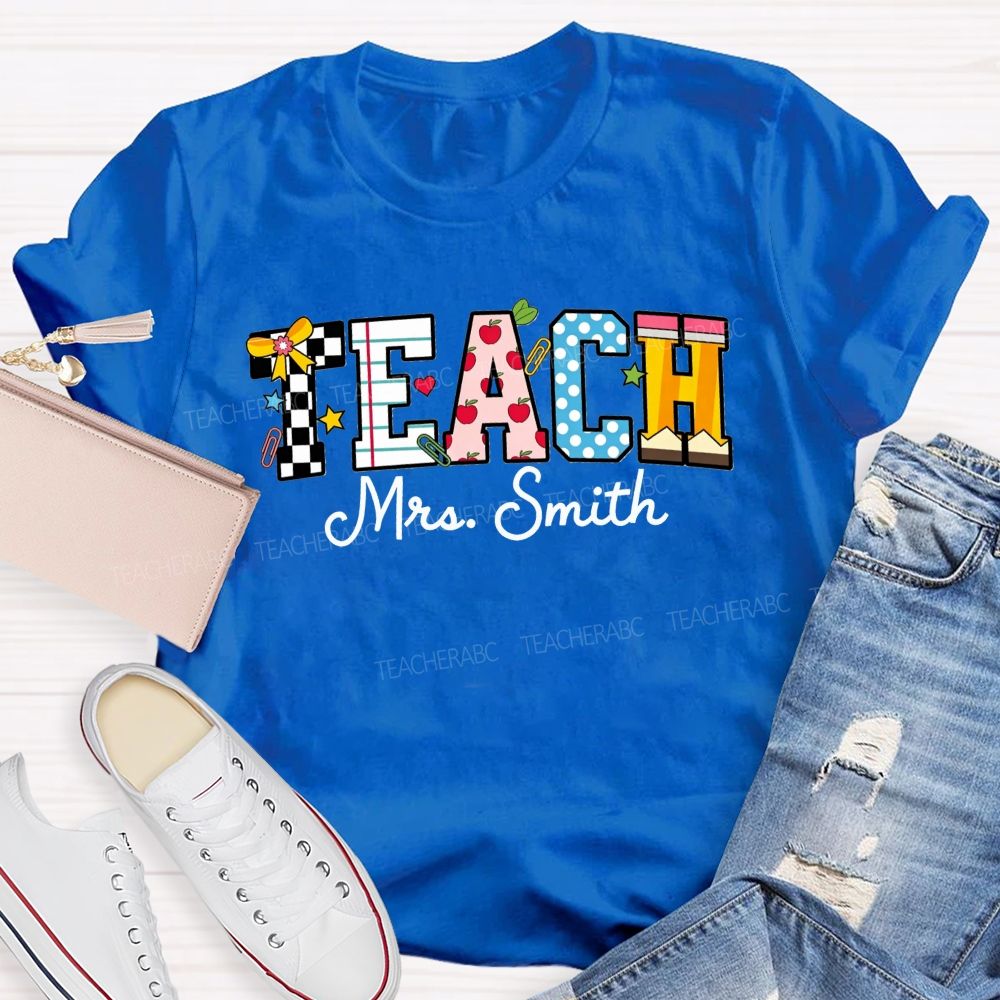 Personalized Name Teach Notebook Apple Pencil Letter Print Teacher T-shirt