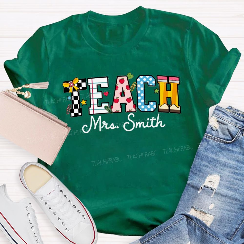 Personalized Name Teach Notebook Apple Pencil Letter Print Teacher T-shirt