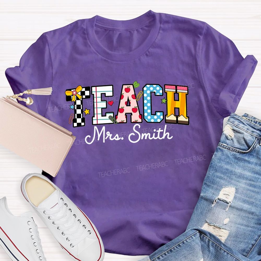 Personalized Name Teach Notebook Apple Pencil Letter Print Teacher T-shirt