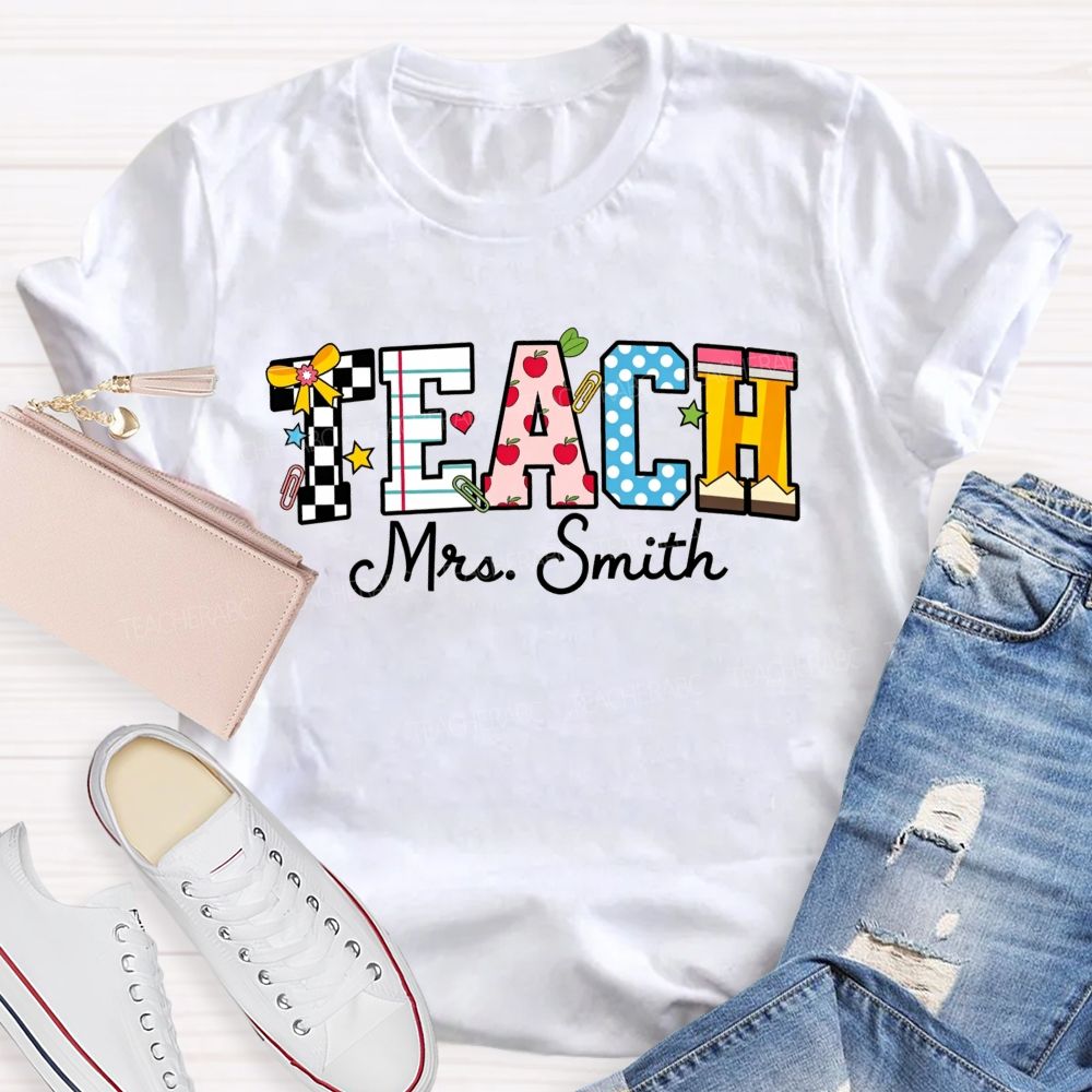 Personalized Name Teach Notebook Apple Pencil Letter Print Teacher T-shirt