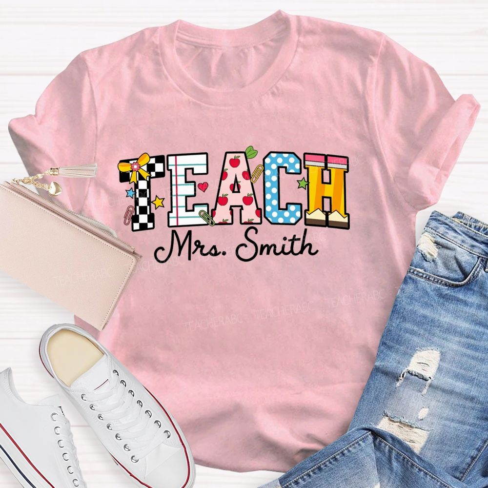 Personalized Name Teach Notebook Apple Pencil Letter Print Teacher T-shirt