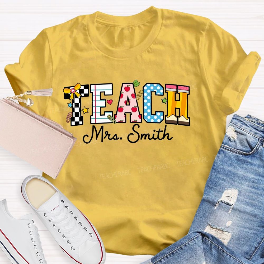 Personalized Name Teach Notebook Apple Pencil Letter Print Teacher T-shirt
