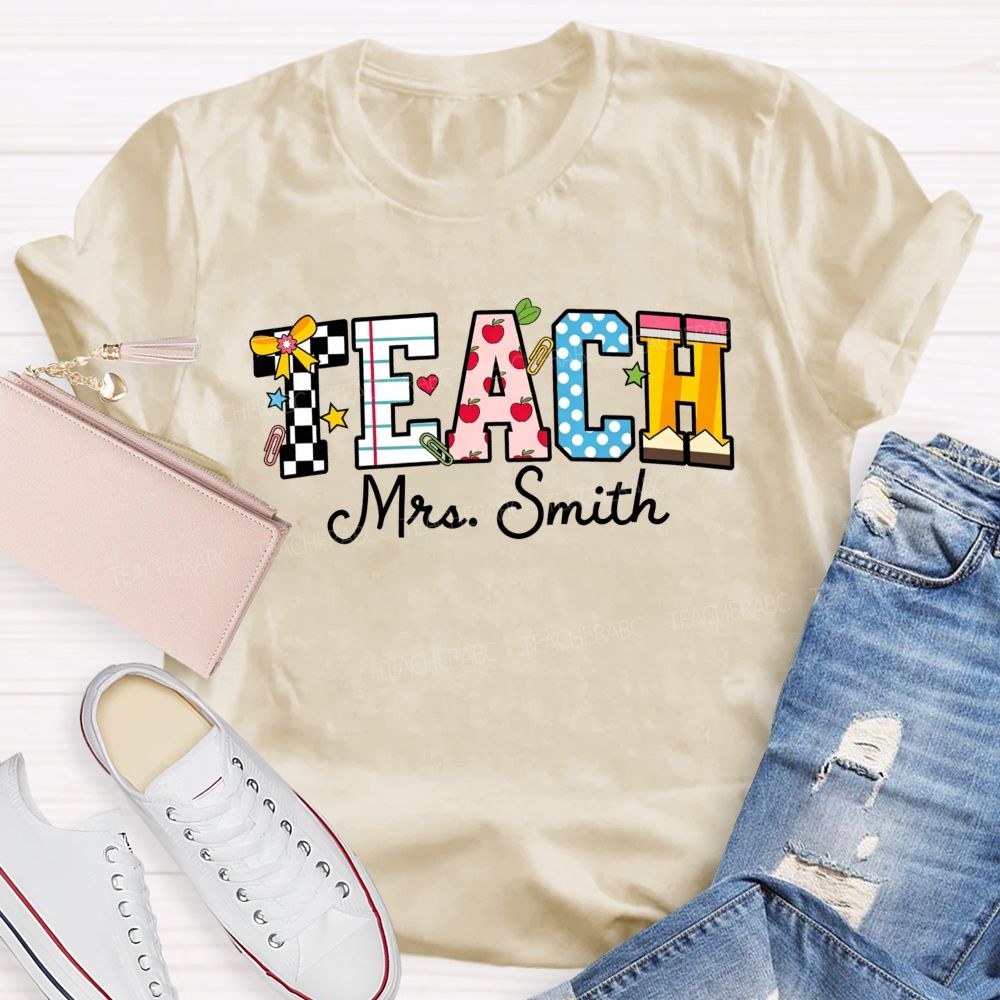 Personalized Name Teach Notebook Apple Pencil Letter Print Teacher T-shirt