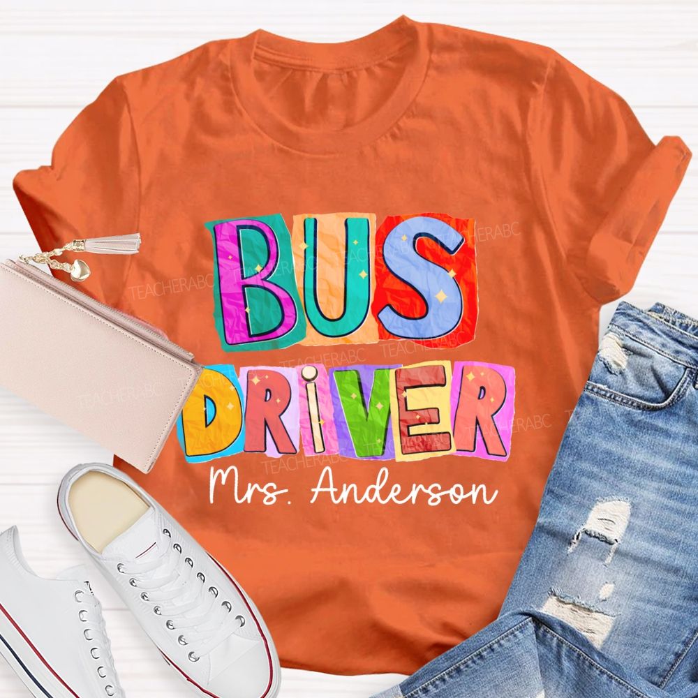 Personalized Name Bus Driver Color Block Back To School Teacher T-Shirt