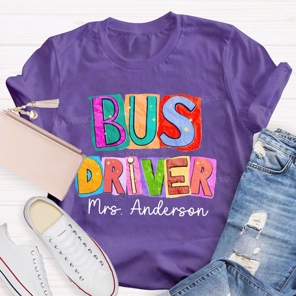 Personalized Name Bus Driver Color Block Back To School Teacher T-Shirt