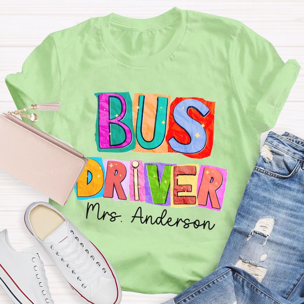 Personalized Name Bus Driver Color Block Back To School Teacher T-Shirt