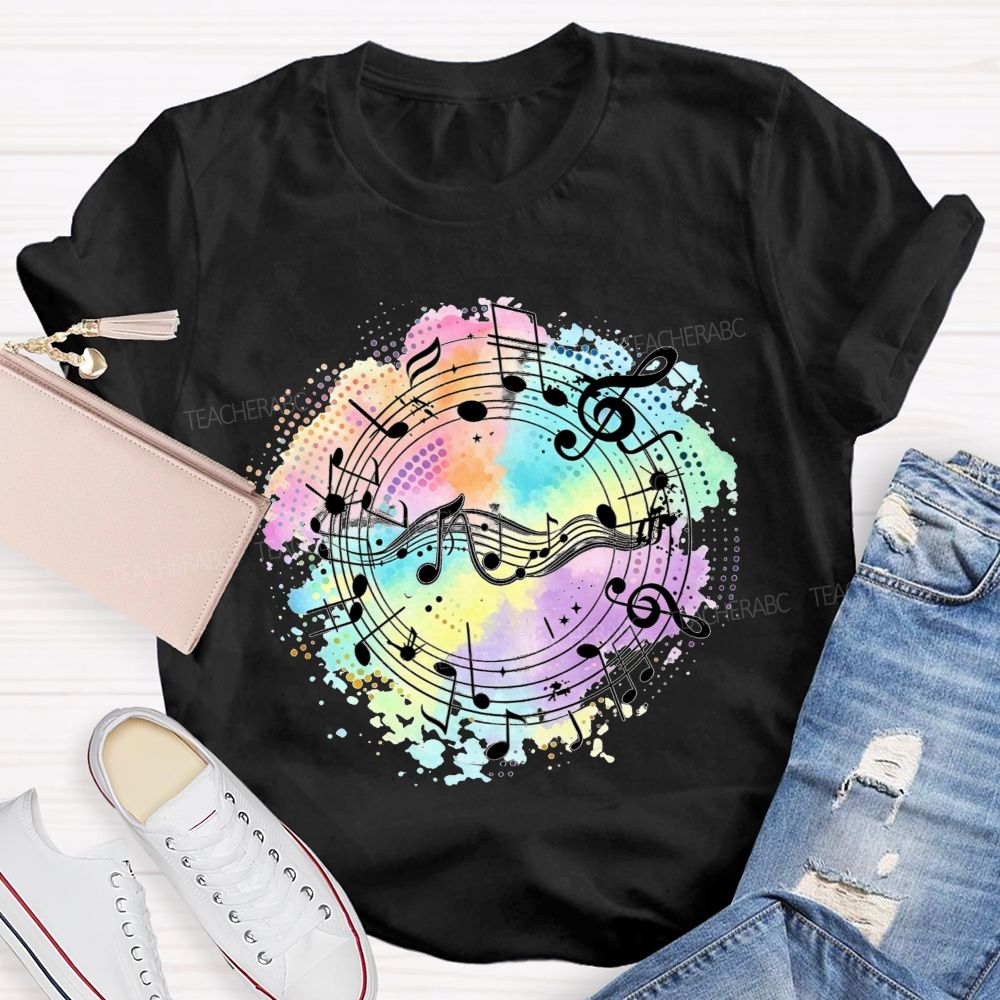 Rainbow Watercolor Music Notes Treble Clef Sheet Music Teacher T-shirt