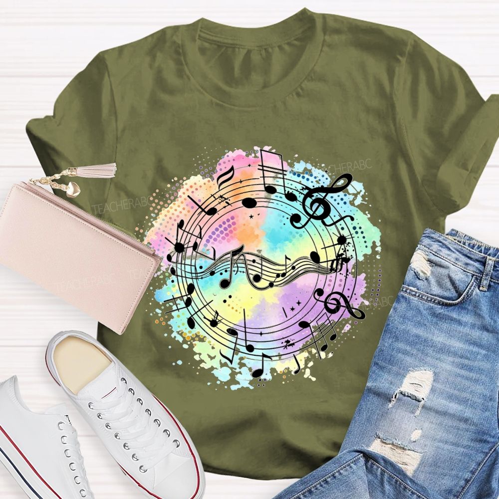 Rainbow Watercolor Music Notes Treble Clef Sheet Music Teacher T-shirt